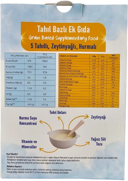 Mamalac 5 Tahıllı Zeytinyağlı, Hurmalı Tahıl Bazlı Ek Gıda