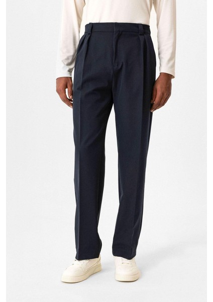 Lacivert Yüksek Bel Pileli Relaxed Fit Baggy Erkek Pantolon
