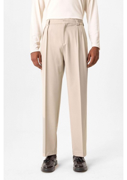 Bej Yüksek Bel Pileli Relaxed Fit Baggy Erkek Pantolon