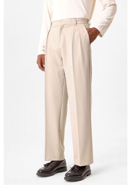 Bej Yüksek Bel Pileli Relaxed Fit Baggy Erkek Pantolon