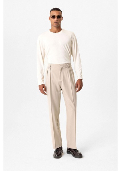 Bej Yüksek Bel Pileli Relaxed Fit Baggy Erkek Pantolon