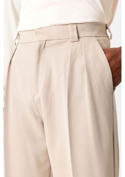 Bej Yüksek Bel Pileli Relaxed Fit Baggy Erkek Pantolon