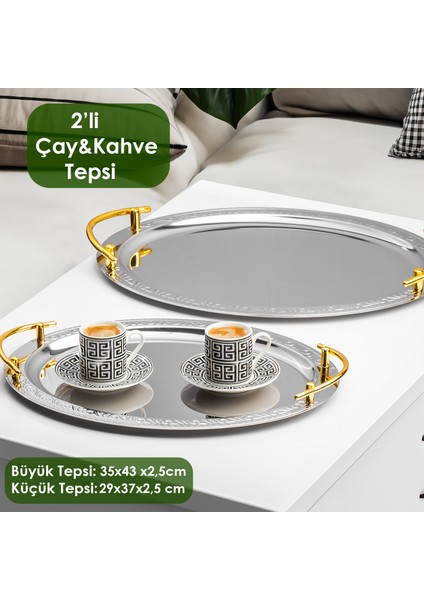 Elit Premium 2'li Paslanmaz Çelik Kahve Tepsisi Gümüş Tepsi Gold Detaylı Dekoratif Servis Sunum Tepsisi modelleri