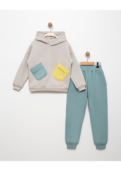 Erkek Çocuk Cepli Kapüşonlu Pamuklu Şardonlu 3 Ip Sweatshırt Jogger Takım