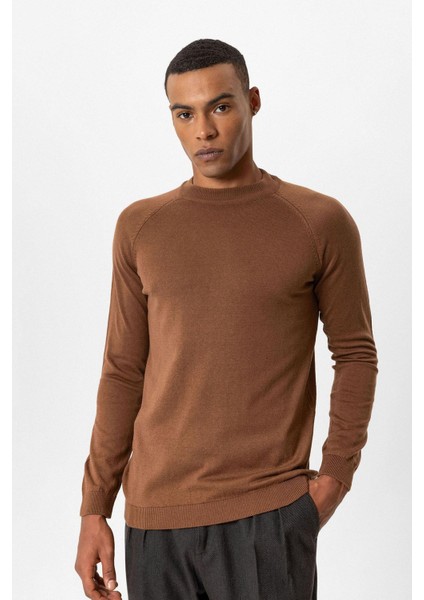 Kahve Bisiklet Yaka Slim Fit Triko Kazak