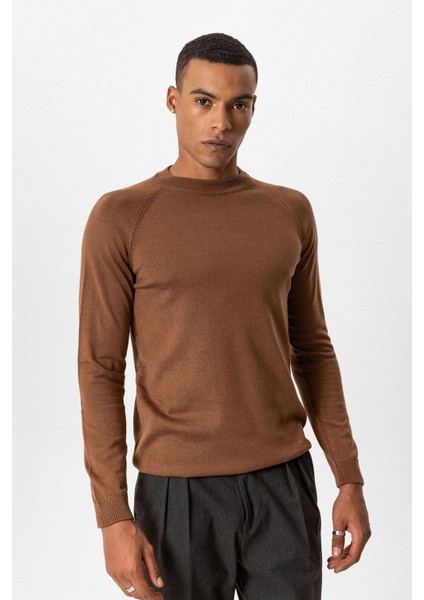 Kahve Bisiklet Yaka Slim Fit Triko Kazak fiyatları