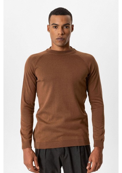 Kahve Bisiklet Yaka Slim Fit Triko Kazak modelleri