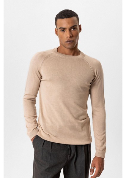 Bej Bisiklet Yaka Slim Fit Triko Kazak