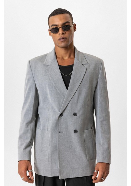 Gri Torba Cepli Kruvaze Erkek Blazer Ceket