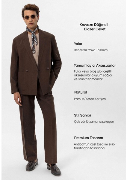 Kahve Keten Karışımlı Kruvaze Düğmeli Erkek Blazer Ceket