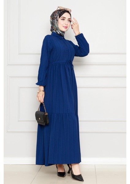 Gömlek Yaka Beli Tünelli Sare Elbise-Lacivert fiyatları