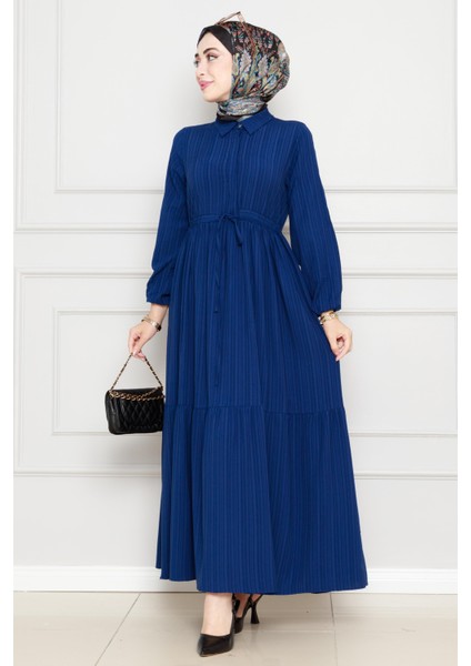 Gömlek Yaka Beli Tünelli Sare Elbise-Lacivert modelleri