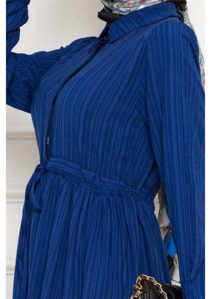 Gömlek Yaka Beli Tünelli Sare Elbise-Lacivert fırsatları