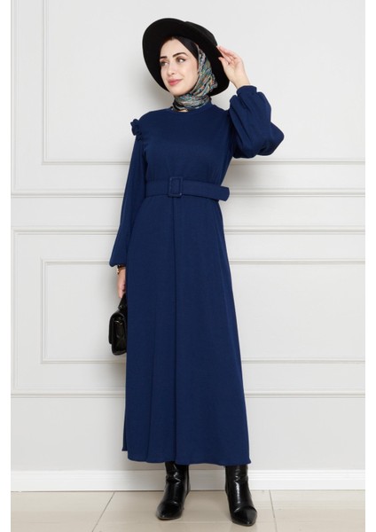 Omuzu Fırfır Kemerli Elbise-Lacivert