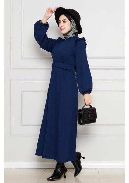 Omuzu Fırfır Kemerli Elbise-Lacivert fiyatları