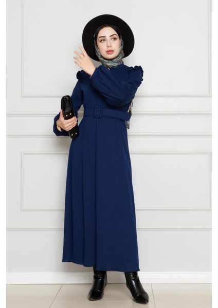 Omuzu Fırfır Kemerli Elbise-Lacivert modelleri