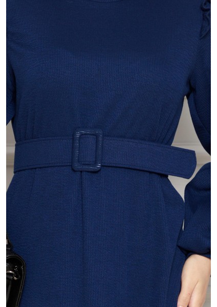 Omuzu Fırfır Kemerli Elbise-Lacivert fırsatları