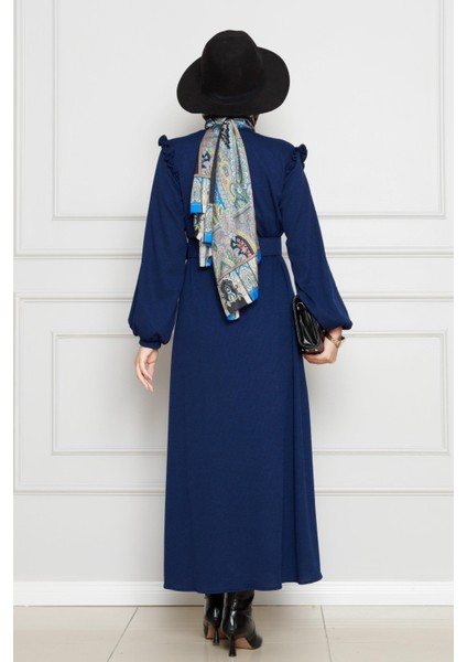 Omuzu Fırfır Kemerli Elbise-Lacivert indirimleri