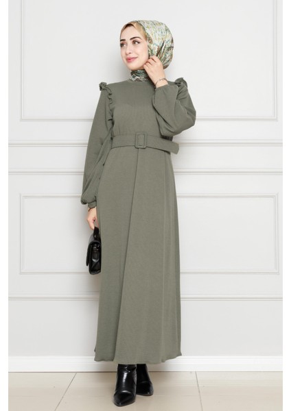 Omuzu Fırfır Kemerli Elbise-Haki