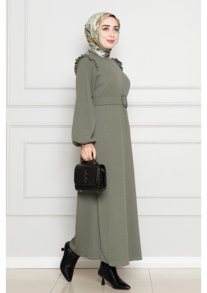 Omuzu Fırfır Kemerli Elbise-Haki fiyatları