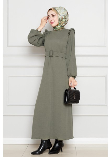 Omuzu Fırfır Kemerli Elbise-Haki modelleri