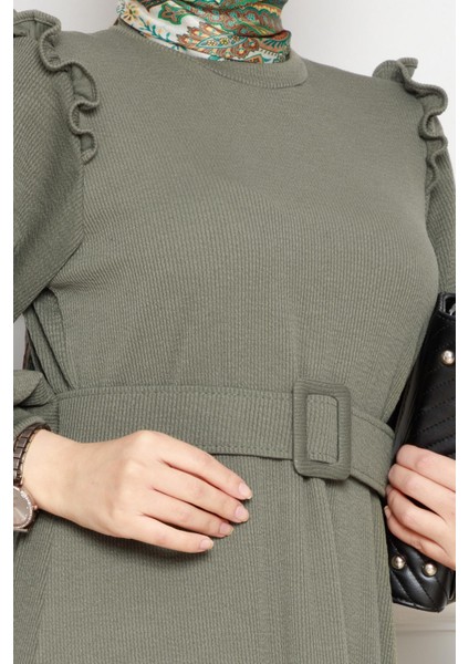 Omuzu Fırfır Kemerli Elbise-Haki fırsatları