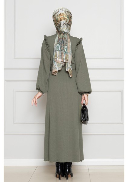 Omuzu Fırfır Kemerli Elbise-Haki indirimleri