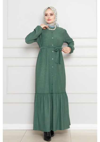 Önden Düğmeli Bürümcük Elbise-Zümrüt Yeşili fiyatları