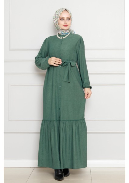 Önden Düğmeli Bürümcük Elbise-Zümrüt Yeşili modelleri