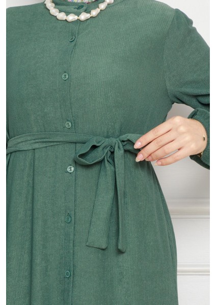 Önden Düğmeli Bürümcük Elbise-Zümrüt Yeşili fırsatları