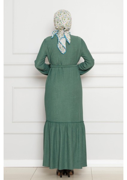 Önden Düğmeli Bürümcük Elbise-Zümrüt Yeşili indirimleri