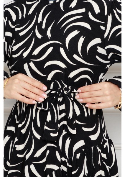 Beli Kuşaklı Çapraz Fırfırlı Lale Elbise-Siyah fırsatları