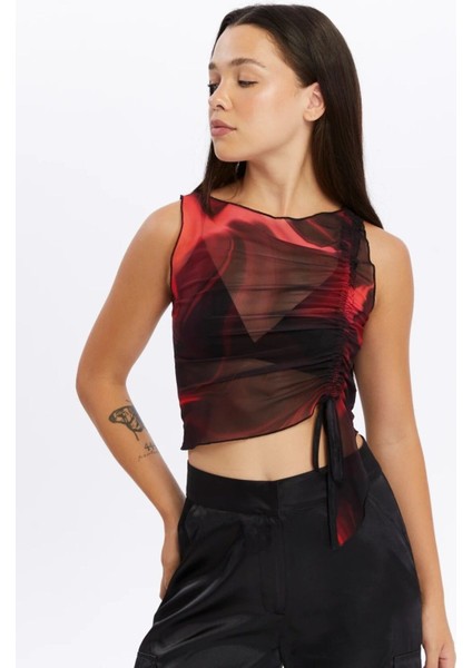 Transparan Büzgülü Tül Bluz