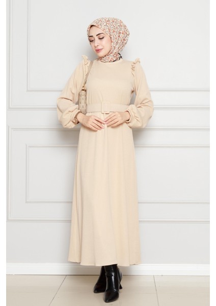 Omuzu Fırfır Kemerli Elbise-Bej fiyatları