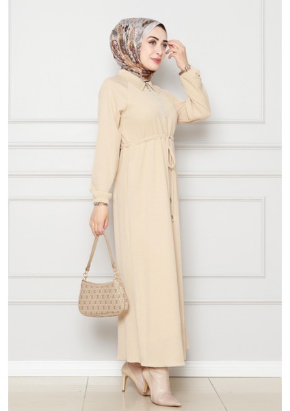 Omuzu Fırfır Kemerli Elbise-Bej modelleri