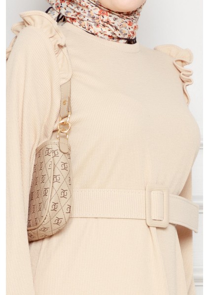 Omuzu Fırfır Kemerli Elbise-Bej fırsatları