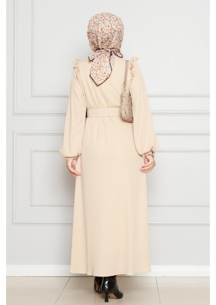 Omuzu Fırfır Kemerli Elbise-Bej indirimleri