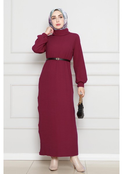 Balıkçı Yaka Kemerli Elbise-Bordo fiyatları
