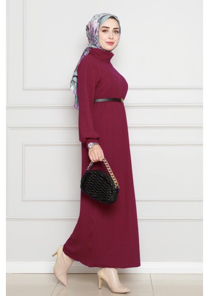 Balıkçı Yaka Kemerli Elbise-Bordo modelleri