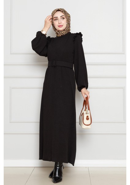 Omuzu Fırfır Kemerli Elbise-Siyah