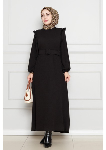 Omuzu Fırfır Kemerli Elbise-Siyah fiyatları
