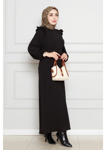 Omuzu Fırfır Kemerli Elbise-Siyah modelleri