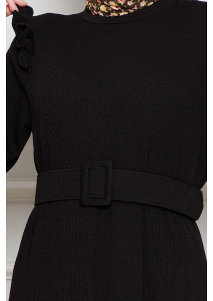 Omuzu Fırfır Kemerli Elbise-Siyah fırsatları