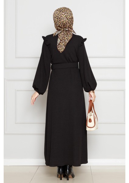 Omuzu Fırfır Kemerli Elbise-Siyah indirimleri