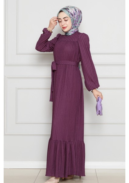 Robalı Sahra Tesettür Elbise-Mürdüm