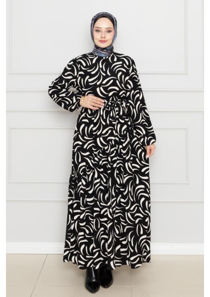 Beli Kuşaklı Çapraz Fırfırlı Lale Elbise-Siyah