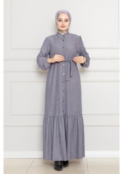 Önden Düğmeli Bürümcük Elbise-Gri