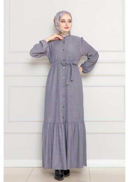 Önden Düğmeli Bürümcük Elbise-Gri fiyatları