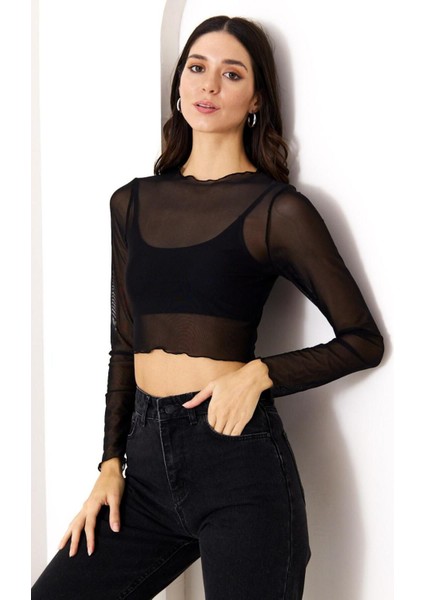 Uzun Kollu Crop Tül Bluz