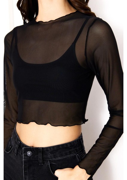 Uzun Kollu Crop Tül Bluz